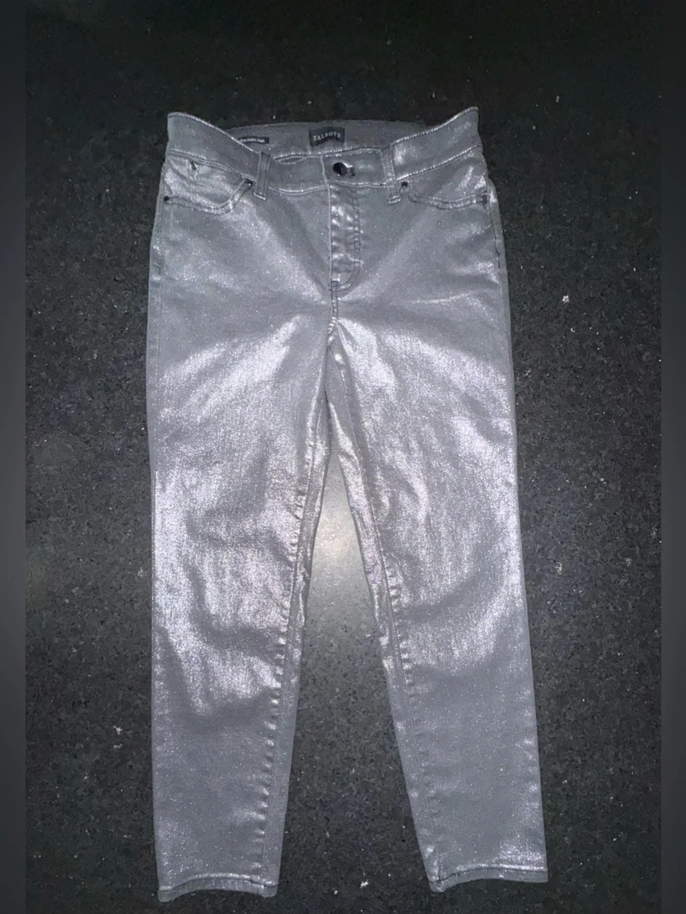 UEC TALBOTS SLIM ANKLE JEANS PEWTER FOIL DARK SILVER METALLIC STRETCH SZ 2P